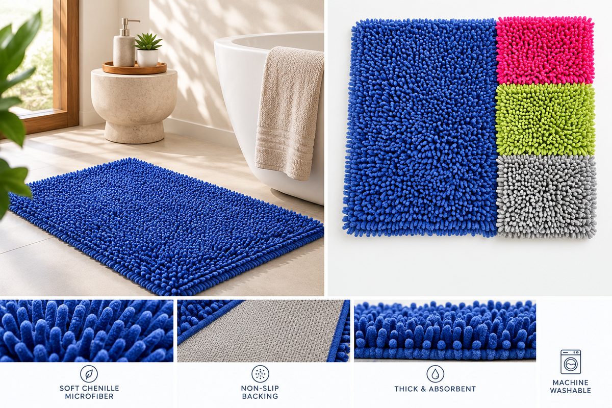 Blue chenille bath rug with non-slip backing, sourced from India