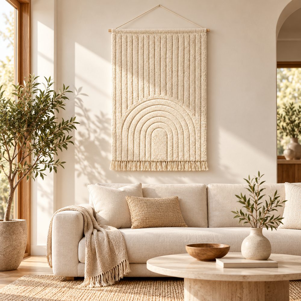 Cotton tufted arch wall hanging styled in a living room, sourced from India