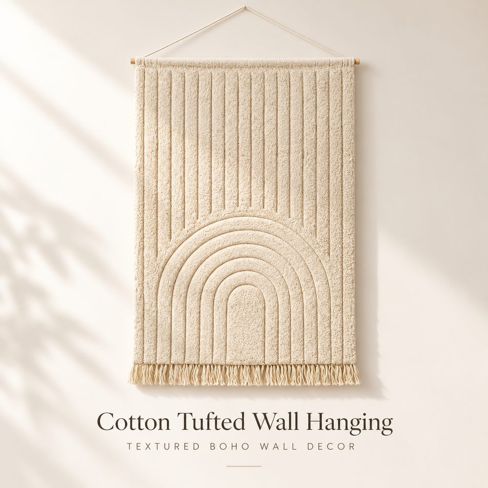 Textured cotton tufted boho wall hanging with fringe, sourced from India