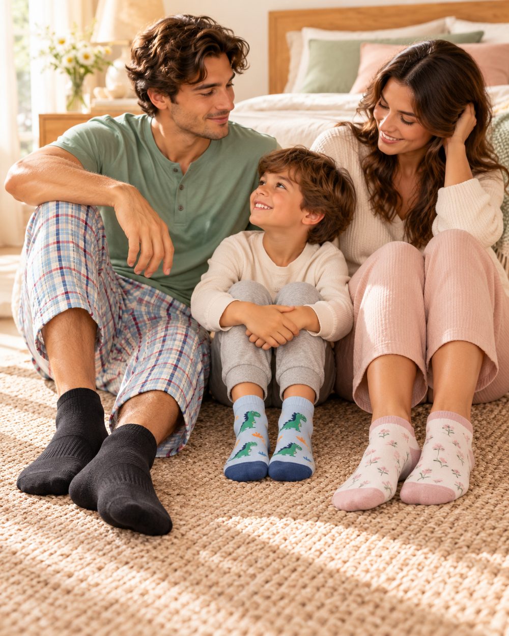 Family loungewear sets and cotton socks for men, women and kids, sourced from India
