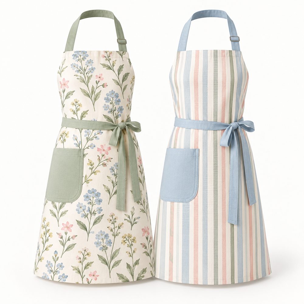 Floral print and striped cotton kitchen aprons, sourced from India