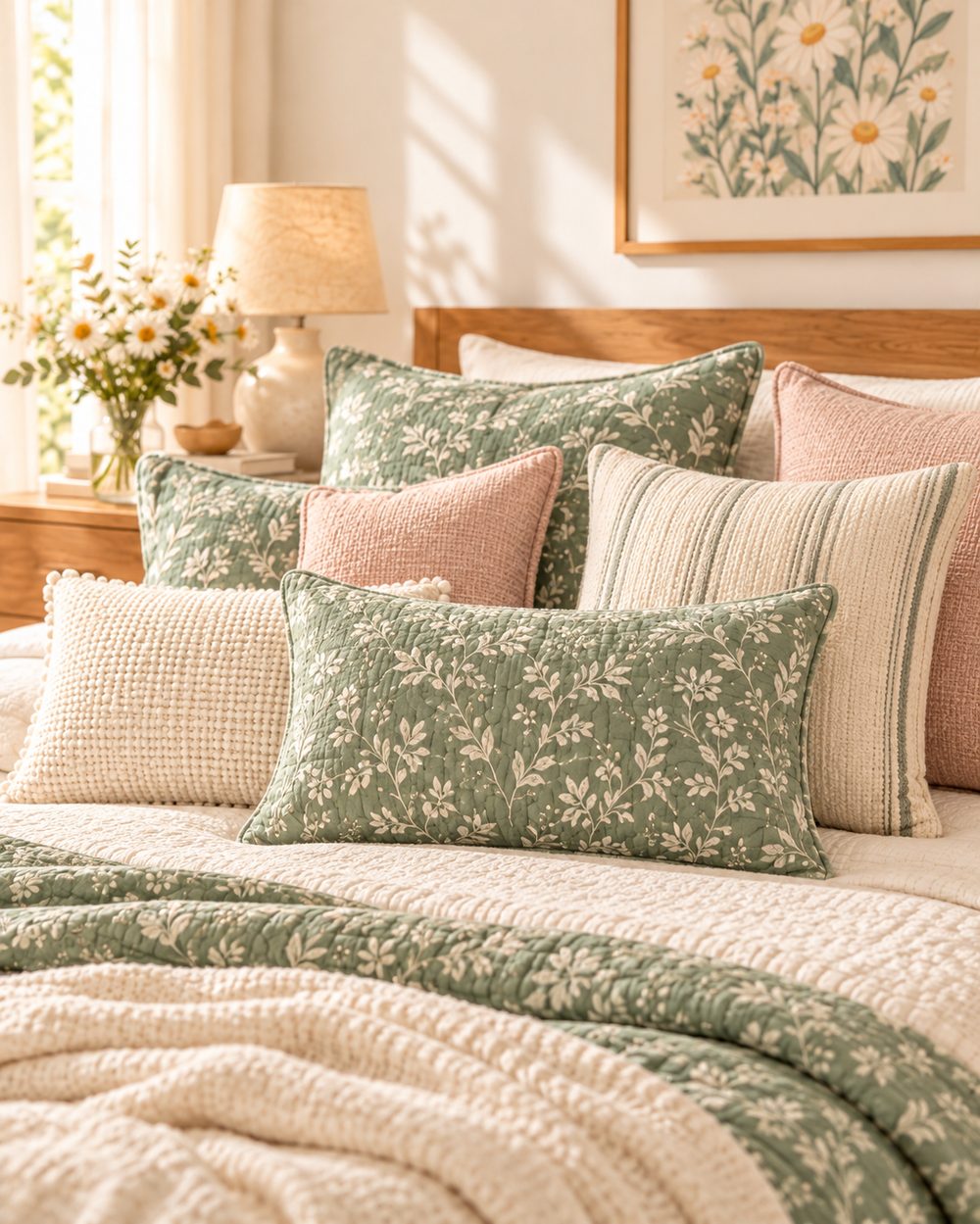 Sage and blush floral cushion covers on a bed, sourced from India