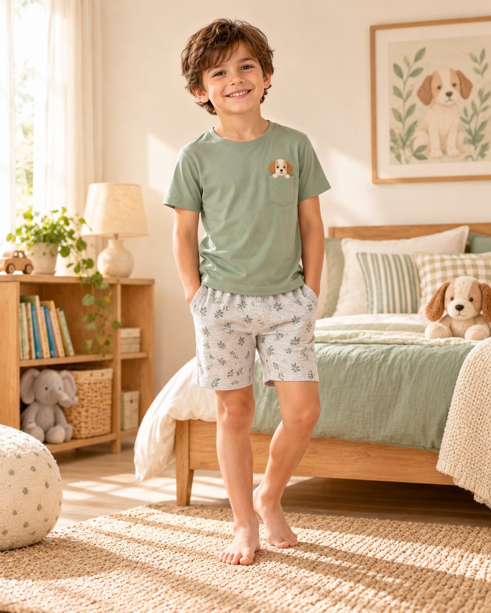 Boys' green t-shirt and printed shorts pyjama set, sourced from India