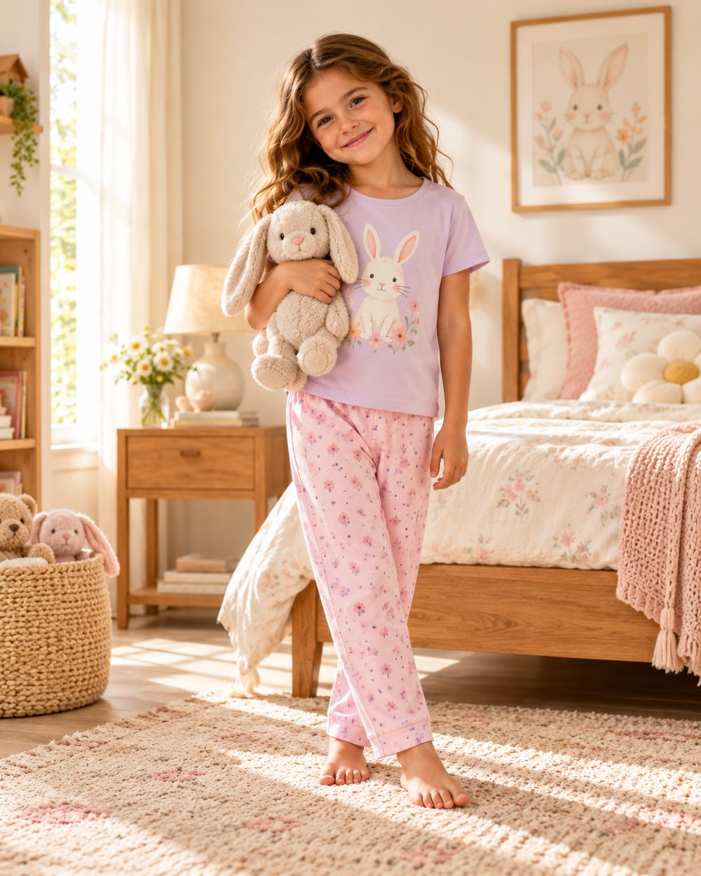 Girls' lilac bunny print pyjama set with pink printed pants, sourced from India