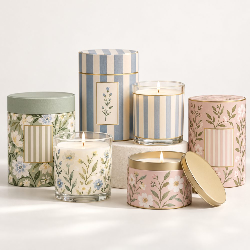 Floral printed scented candles in glass and tin, sourced from India