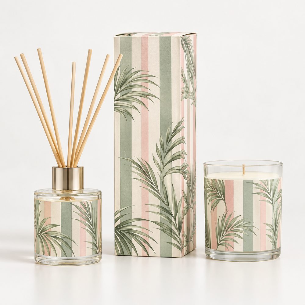 Botanical reed diffuser and scented candle gift set, sourced from India