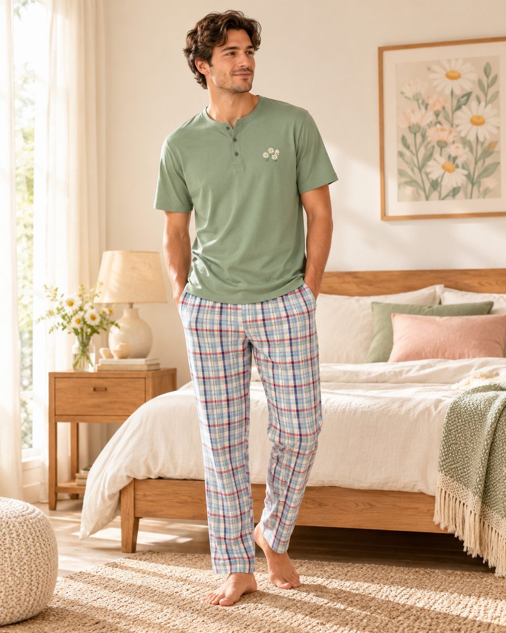 Men's green henley lounge t-shirt with plaid pyjama pants, sourced from India