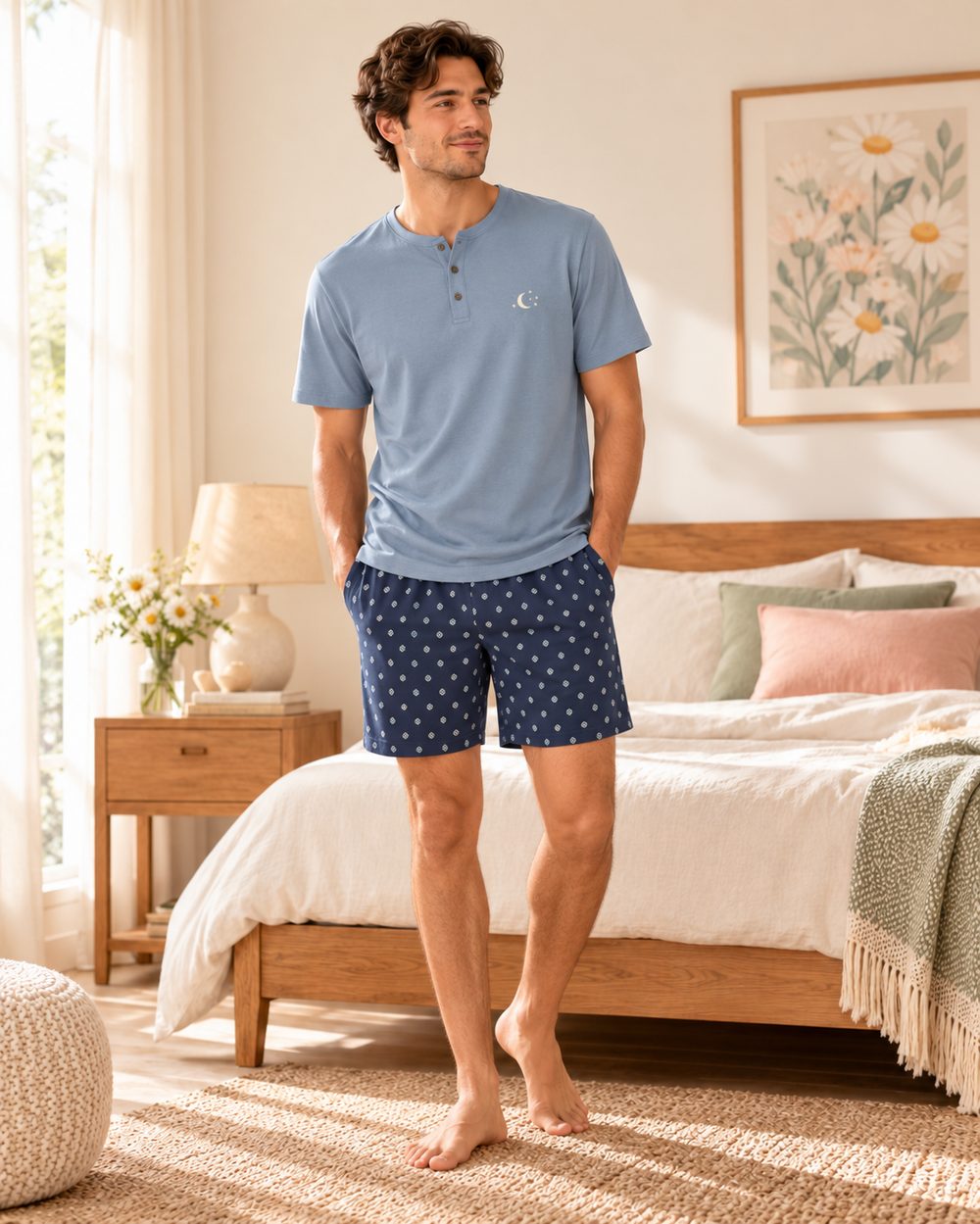 Men's blue henley sleep t-shirt with printed cotton shorts, sourced from India