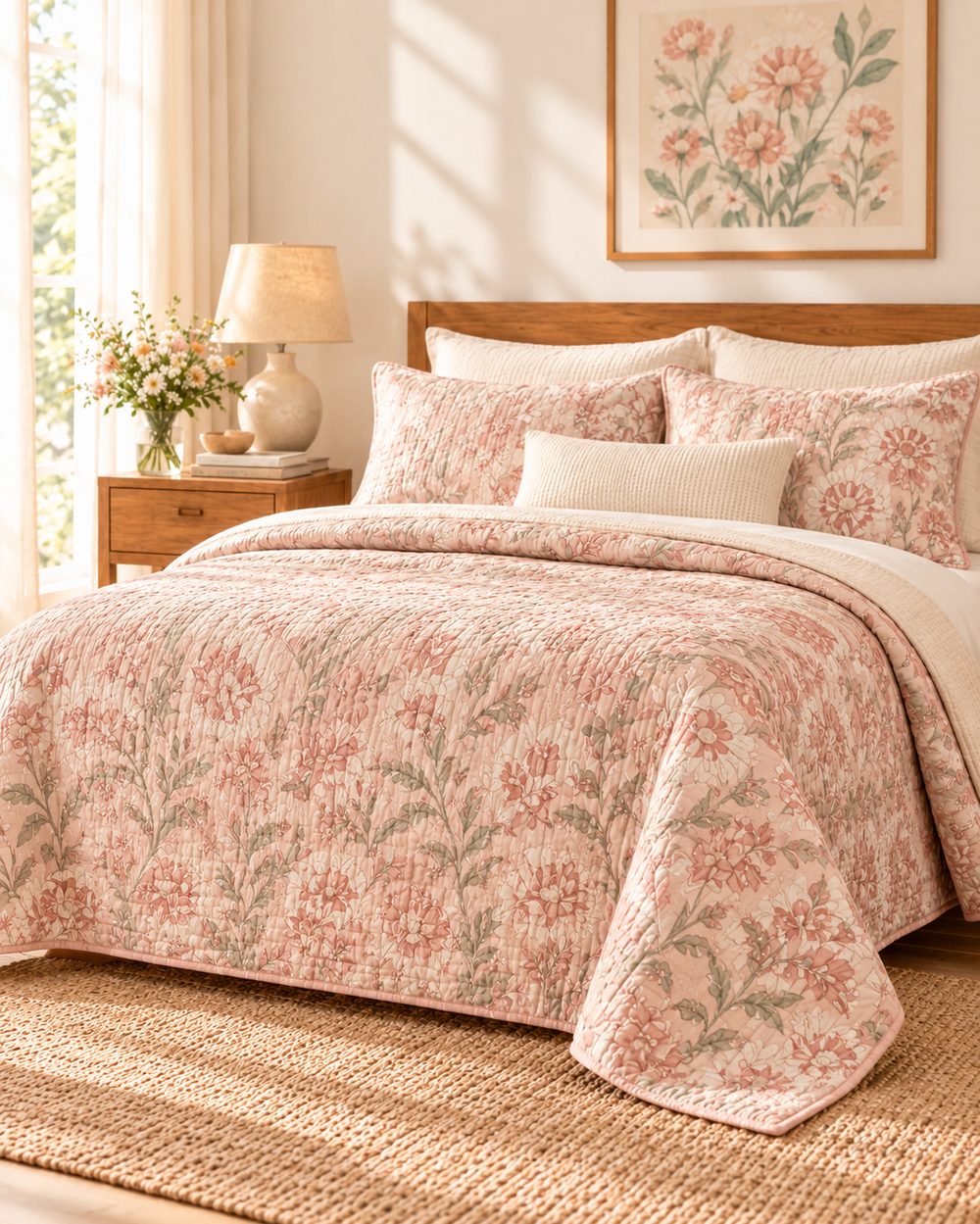 Pink floral quilted cotton bedspread with matching shams, sourced from India
