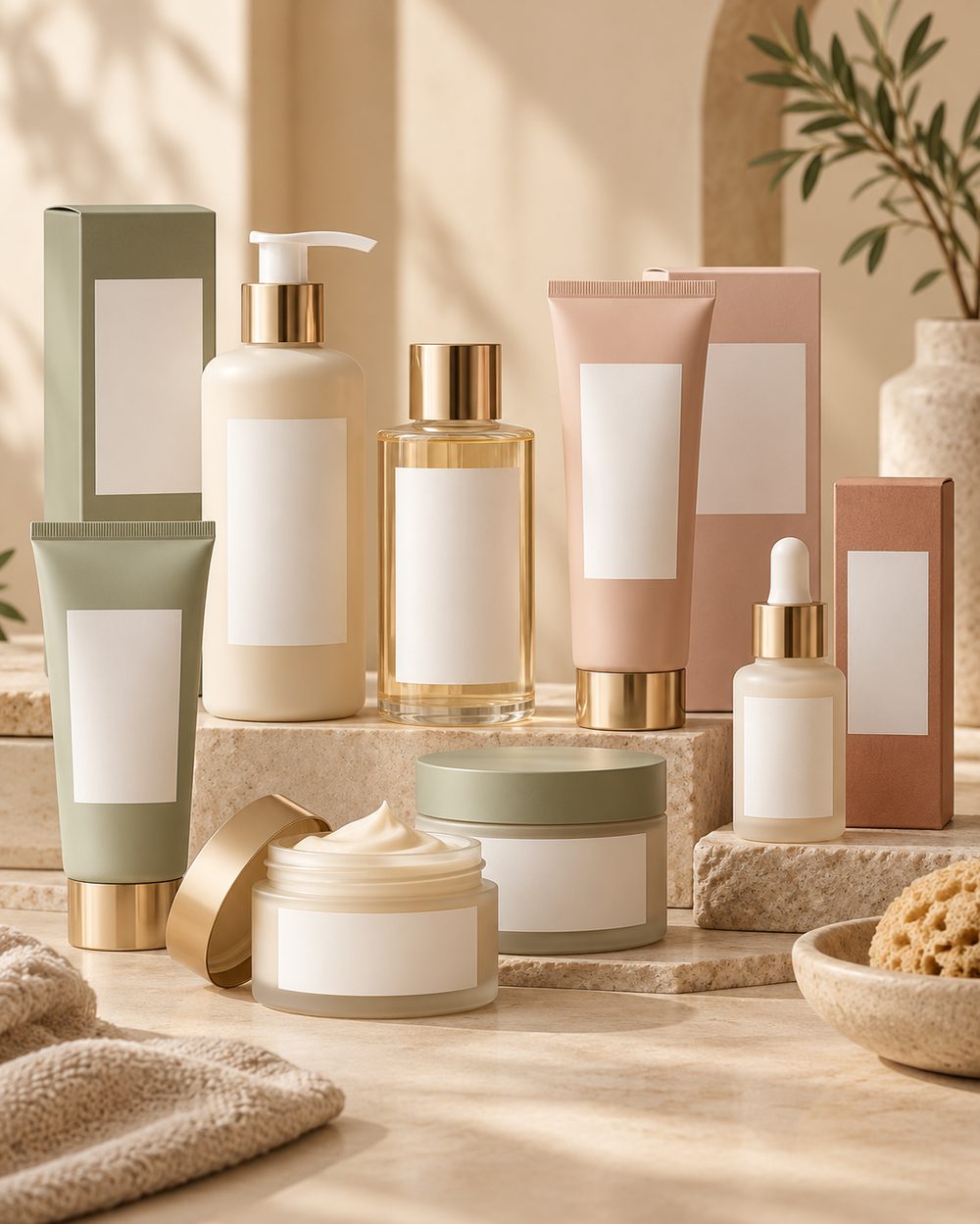 Private-label cosmetic bottles, tubes, jars and boxes in sage and blush, sourced from India