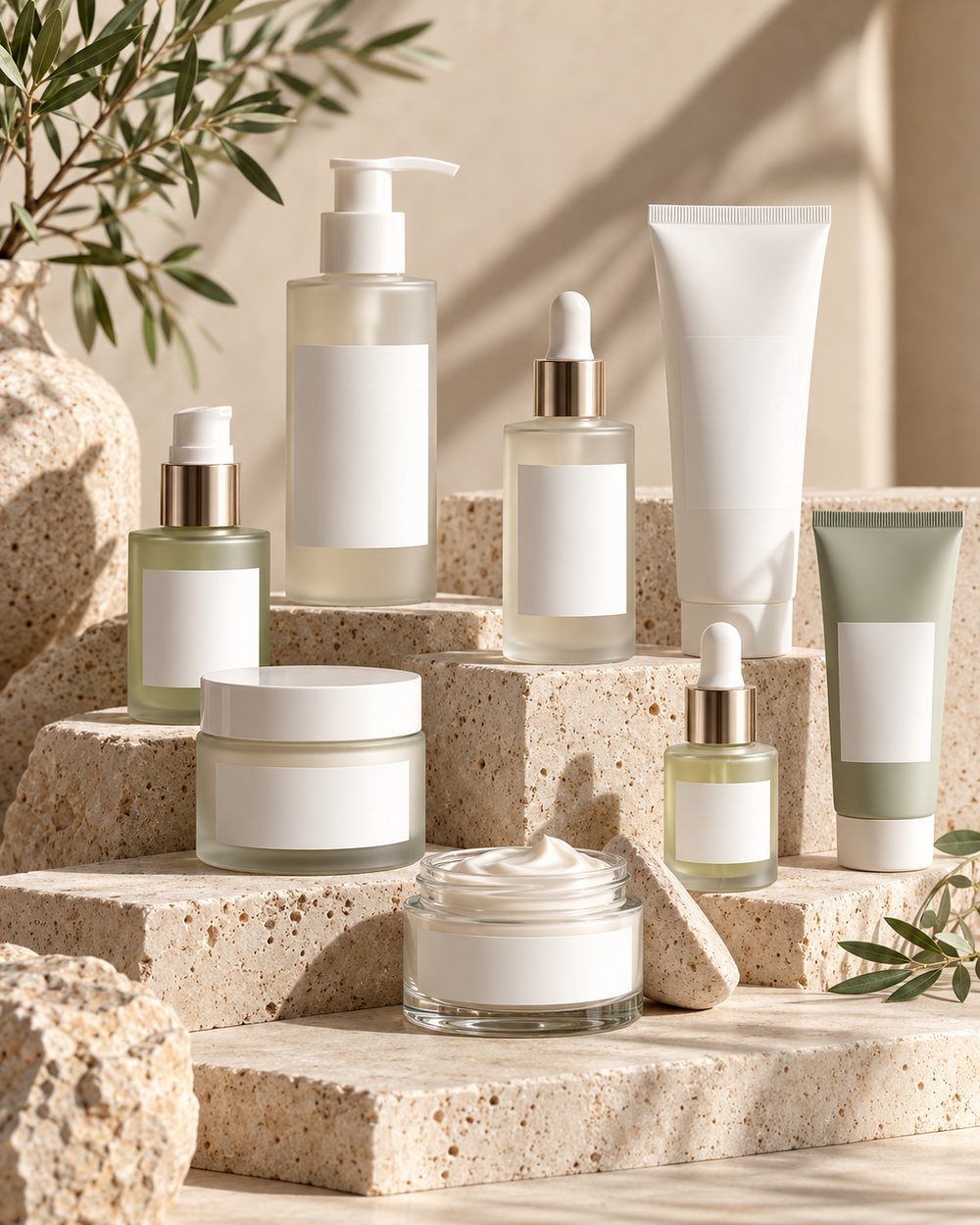 Private-label skincare bottles, serum droppers, jars and tubes, sourced from India
