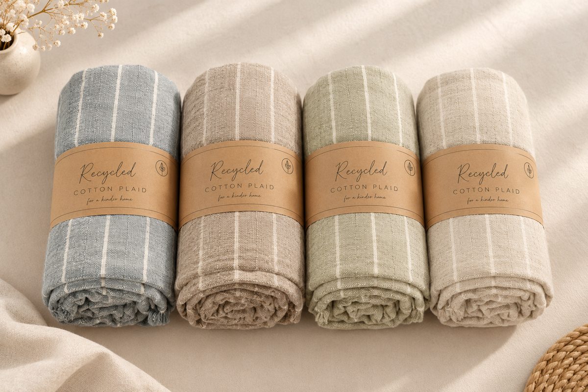 Recycled cotton striped throws in soft colours, sourced from India