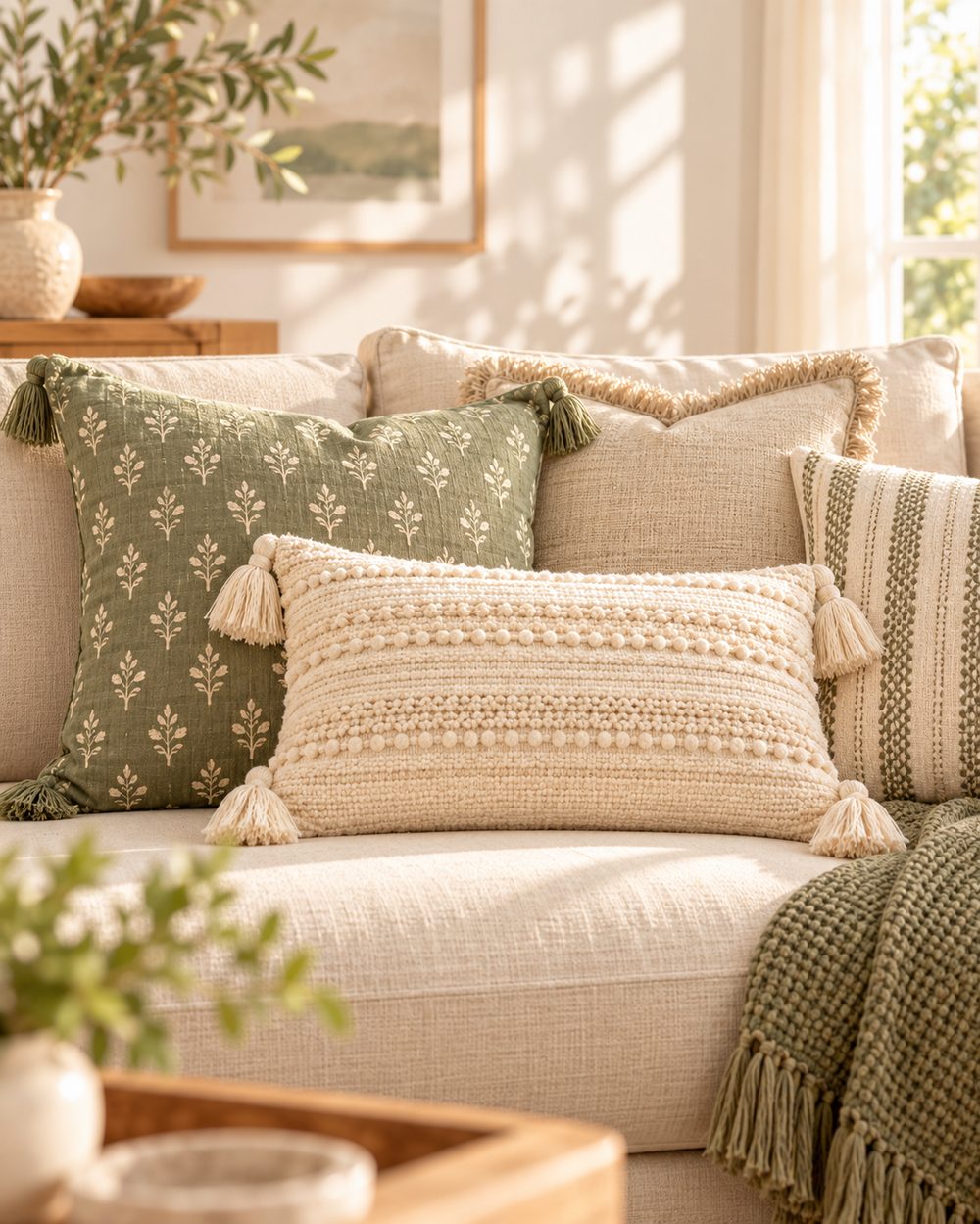 Sage and cream cushion covers with tassels, sourced from India