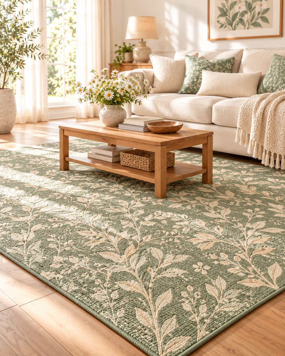 Sage green floral woven area rug in a living room, sourced from India