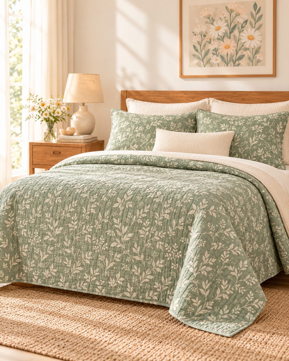 Sage green floral quilted cotton bedspread, sourced from India