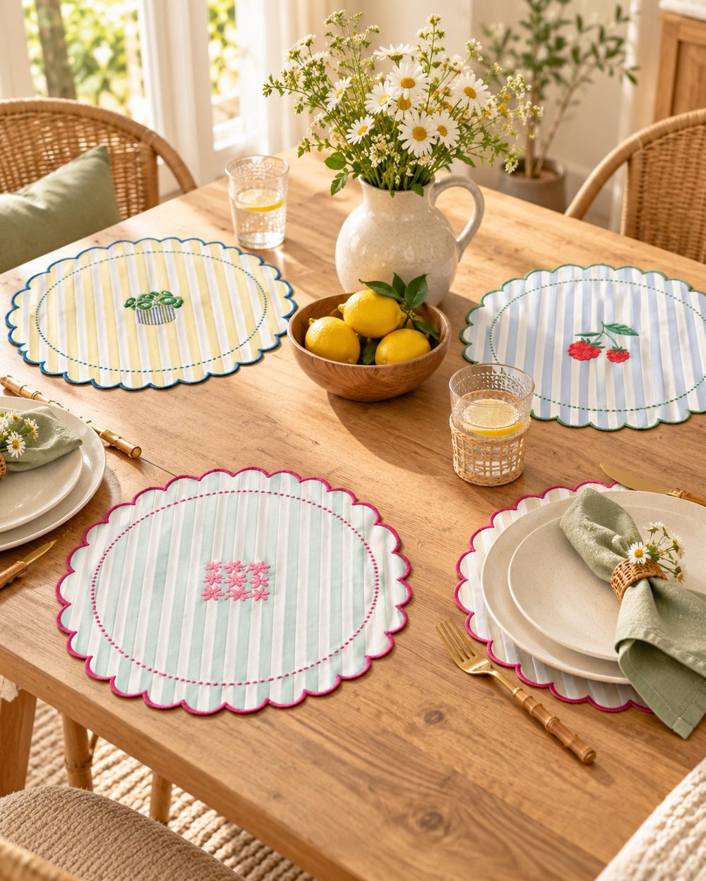 Scalloped embroidered cotton table placemats, sourced from India