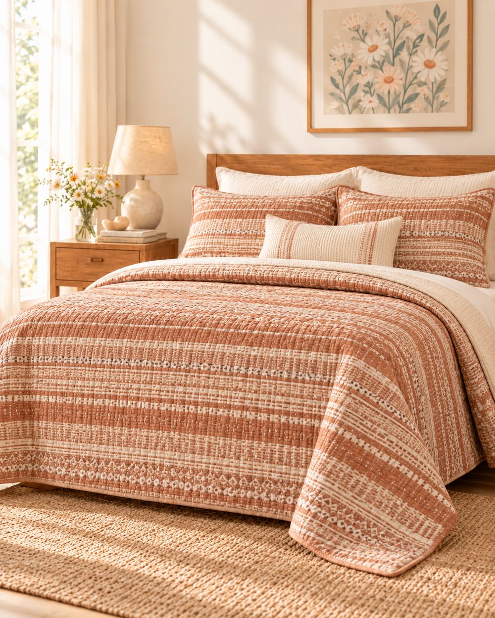 Terracotta striped quilted cotton bedspread, sourced from India