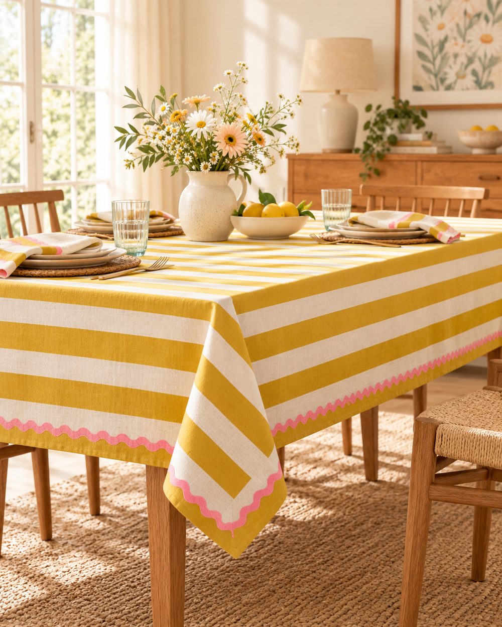 Yellow striped cotton tablecloth with pink trim, sourced from India